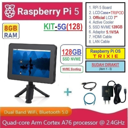 KIT-5G(128)  Raspberry Pi 5 (8GB RAM) KIT LCD 7 Inch SSD NVME 128GB - Complete SET SIAP PAKAI